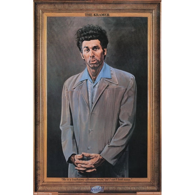 Seinfeld - Affiche Murale Kramer, 22,375 Po x 34 Po Présentant un portrait Encadré de Kramer Portant une Veste Brun Pâle sur une Chemise à Col Bleue, Debout avec les Mains Serrées sur un Fond Sombre, Intitulé « the Kramer » avec une Citation au Bas Lisant « Il Est une brute Odieuse et Offensante, Mais Je Ne Peux Pas Détourner le Regard. »