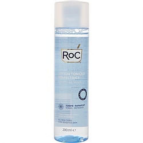 ROC by ROC Perfecting Toner pour Tous les types de Peau, Y Compris la Peau Sensible, en Bouteille de 200 ml (6,7 Oz). Ce Toner pour le Visage Est Emballé dans un Contenant Cylindrique Transparent avec un Capuchon Translucide et un Liquide Bleu Pâle, avec Image de Marque et Détails du Produit Imprimés à l'Avant.