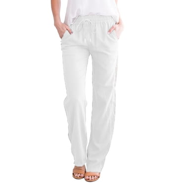 Wide Leg Cotton Linen Pants for Women Elastic Waist Drawstring Casual Summer Pants Loose Fit Beach Pants Comfy Trousers