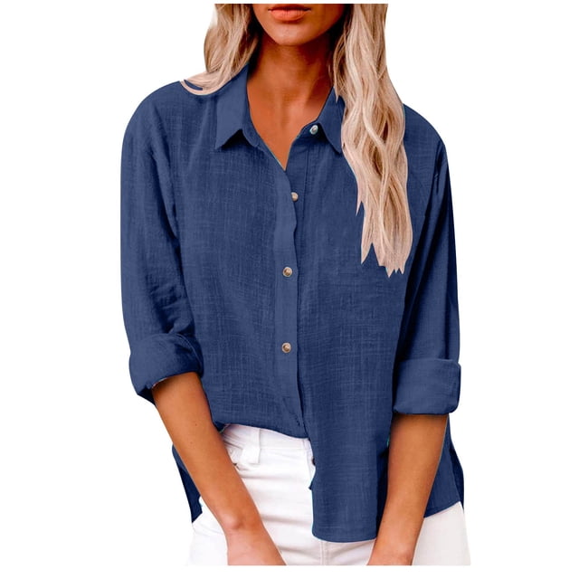 Yuyuzo Womens Plus Size Button down Shirts Cotton Linen Fall Casual Long Sleeve Solid Color Blouses