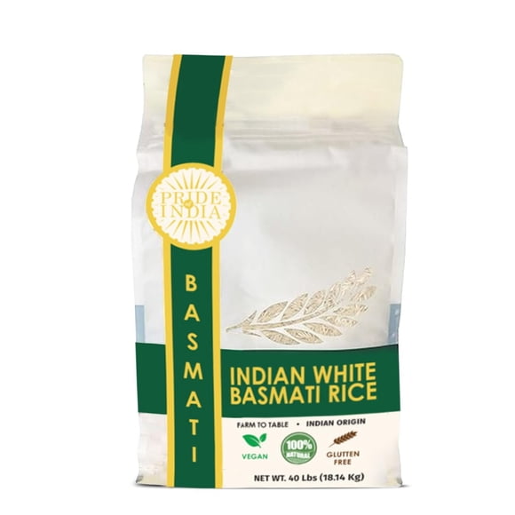 Pride Of India - Riz Basmati Blanc Indien Premium Extra Long, Sac en Tissu Non Tissé de 40 Livres (18,14 Kilo) - Naturellement Aromatique, Vieilli, Savoureux, Élancé, Grains Non Collants - 400+ Portions