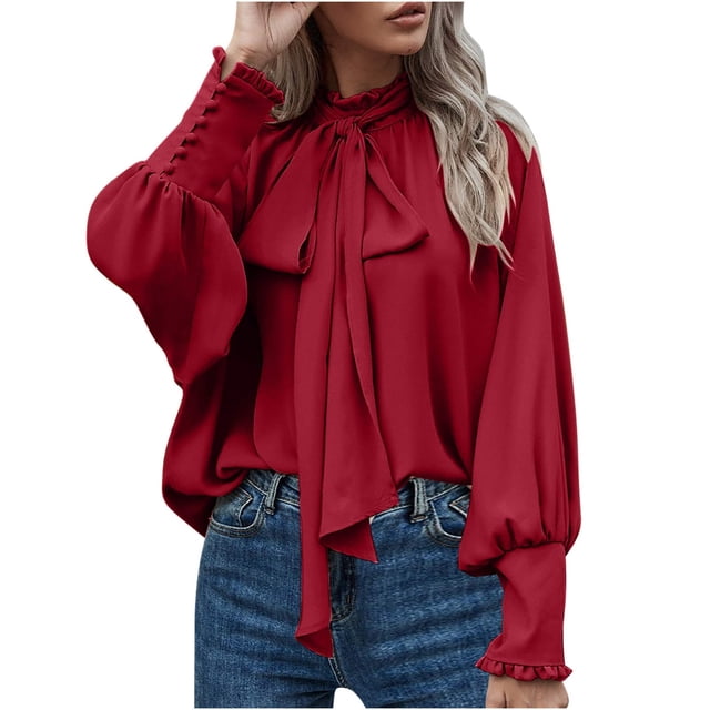 Timegard T Shirts for Women Ruffle Long Sleeve Crew Neck Tops Soft Solid Color Casual Loose Dressy Blouses