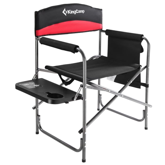 KingCamp Chaise de Camping de Metteur en Scène Robuste en Rouge et Noir avec Cadre en Acier Solide, Siège, Dossier et Accoudoirs Rembourrés. Comprend une table d'Appoint Pliable avec Porte-Gobelet et Pochette Latérale pour la Commodité du Mobilier de Camping, Idéale pour une Utilisation Extérieure.