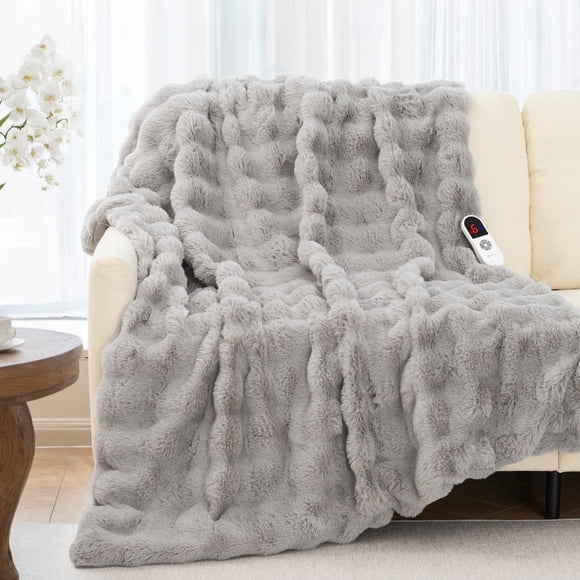 MARNUR Couverture Chauffante Électrique 50"x60 Pouces, Jeté Chauffant en Fausse Fourrure, 6 Niveaux de Chauffage, Minuterie de 4 Heures, Gris