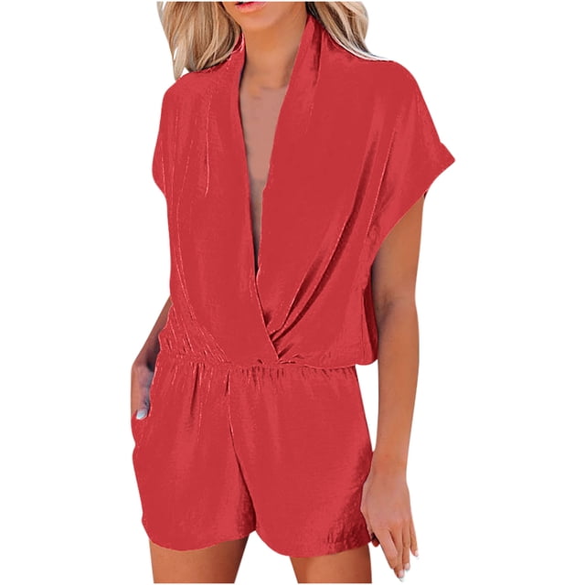 Penkiiy Jumpsuits for Women Womens Summer Solid ColorMini Strappy Casual Rompers Short Jumpsuit Red S Jumpsuits