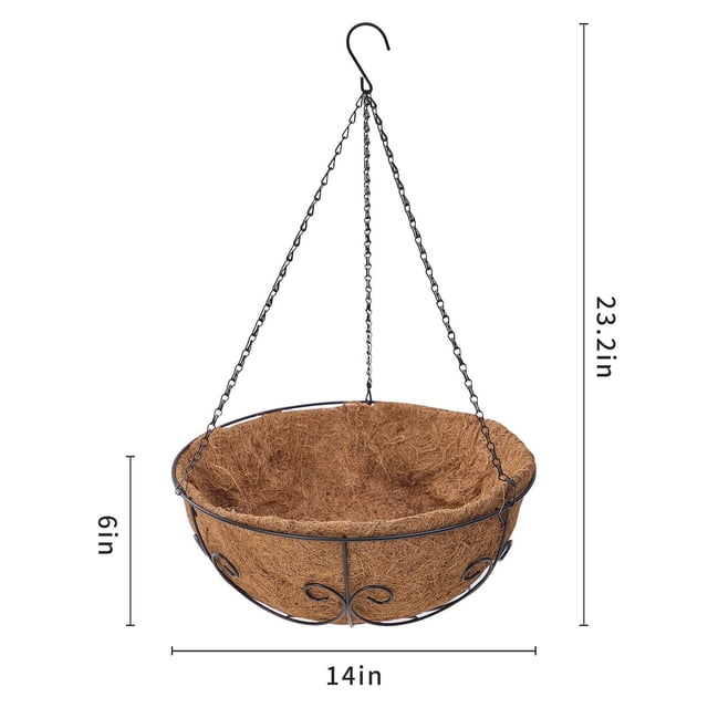 Mainstays 14 in Coco Hanging Basket with black powder-coated steel frame and natural coir coconut fiber liner, 14 inches wide and 6 inches deep, suspended by a 23.2-inch chain with S-hook, ideal for outdoor plants with shallow roots and promoting soil aeration.