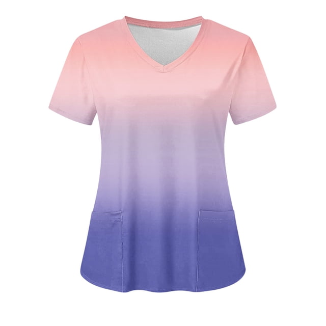 Cameland Women's Working Uniform Nursing Uniform With Two Pockets Scrubs Top Gradient Color Short Sleeve V-neck Tee