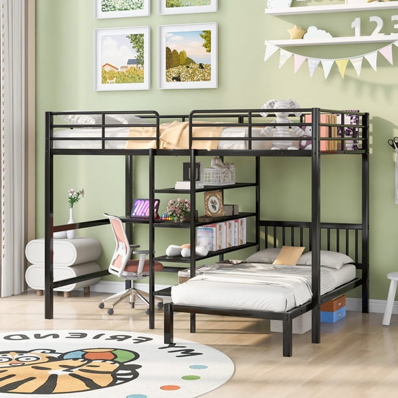 Merax Full Over Twin Bunk Bed, Metal Bunk Bed Frame with Built-in Desk, Shelves and Ladder, Black