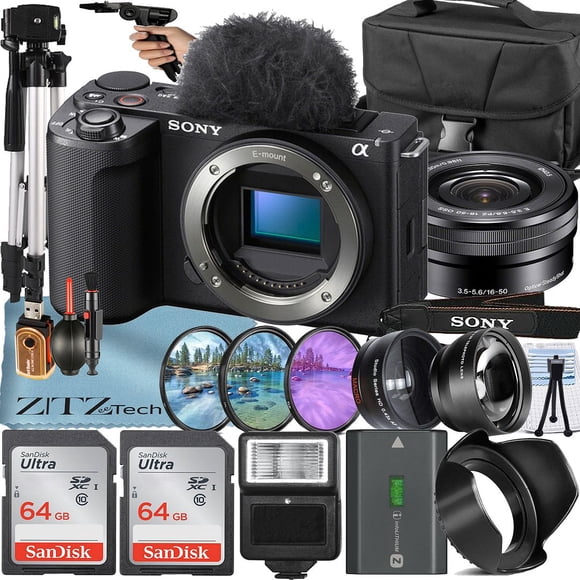 Sony ZV-E10 II Mirrorless Camera (Black) with 16-50mm Lens + 2 Pack 64GB Memory Card + Flash + Tripod + ZeeTech Accessory Bundle