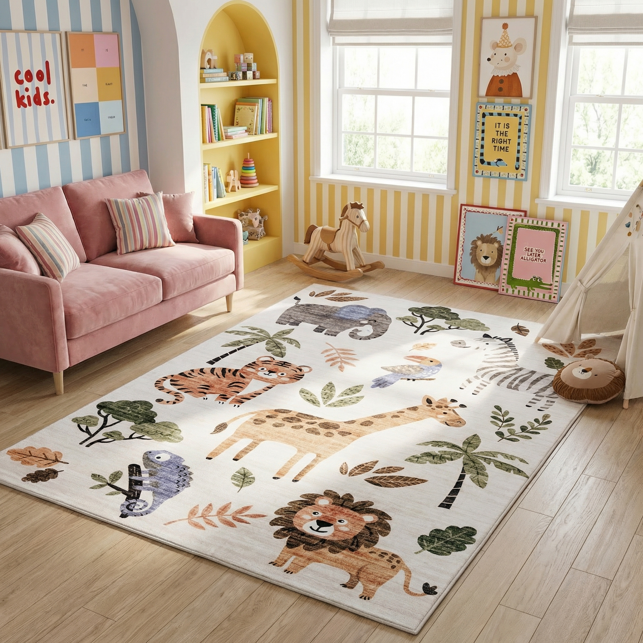 Rug Branch Soft Steps Playtime Cartoon Animals, Tapis d'apprentissage educatif doux, blanc beige - Garcons et filles dans la salle de jeux, la creche, la chambre a coucher