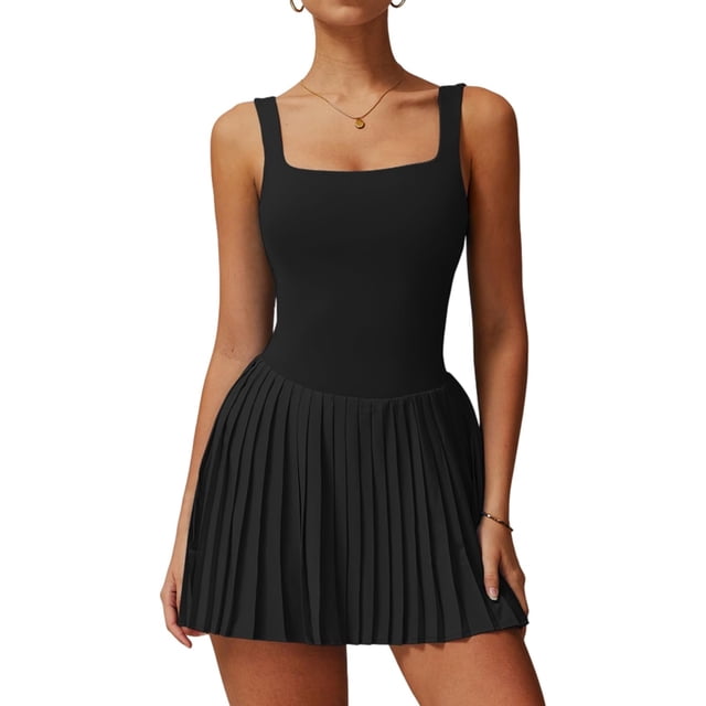 PISONIC Robe de Tennis et de Golf pour Femmes avec Soutien-Gorge Intégré, Short, Dos Nu, Encolure Carrée, Ourlet Plissé, Robes Athlétiques avec Poches