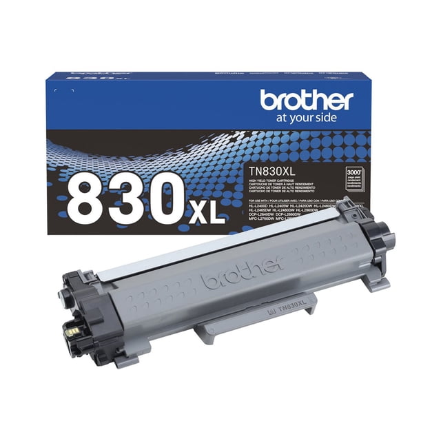 Brother Genuine TN830XL black high yield toner cartridge with gray plastic body and black end caps, displayed with its blue and black retail box labeled 830XL, designed for Brother monochrome laser printers with up to 3,000 page yield.