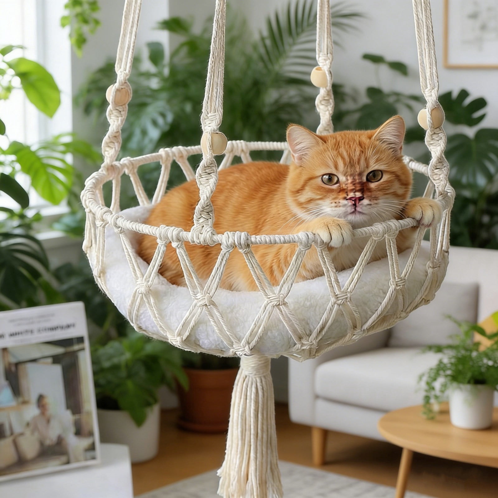 Cat Hammock Hanging Bed Boho Rope Woven with Tassels and Bells, White Cotton, 90 x 30 x 30 cm Cat Swing Basket for Window or Cat Tree