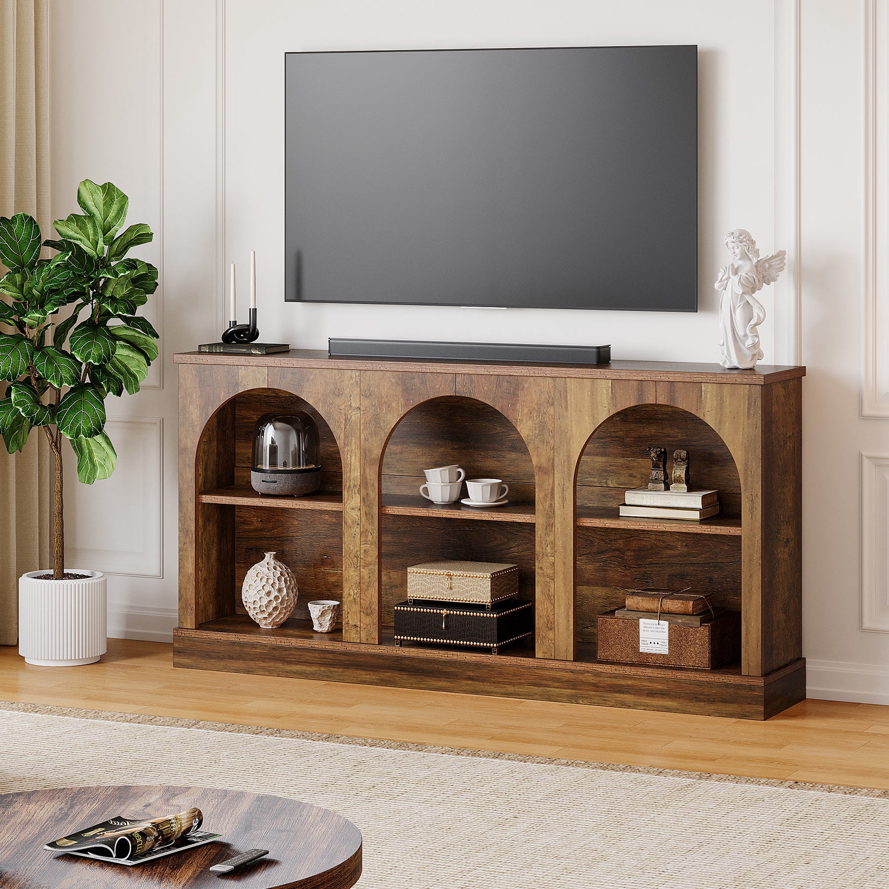 Farmhouse TV Stand for Living Room, Entertainment Center for 55/60/65 Inch TV, Rustic Brown