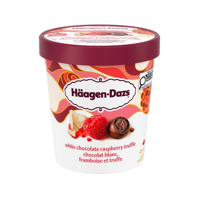 HAAGEN-DAZS White Chocolate Raspberry Truffle Ice Cream, 450 ml tub with Häagen-Dazs label; creamy white chocolate ice cream with chocolate fudge truffle chunks and a tangy raspberry ripple, made with 100% Canadian dairy. Often served as dessert scoops or suitable for topping brownies.