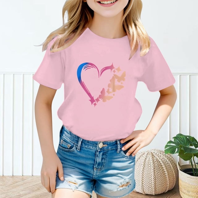 Hauts Filles T-Shirts Chemises Enfants Mignon Graphique Col Rond Manches Courtes Été Décontracté Chemise Hauts pour Filles
