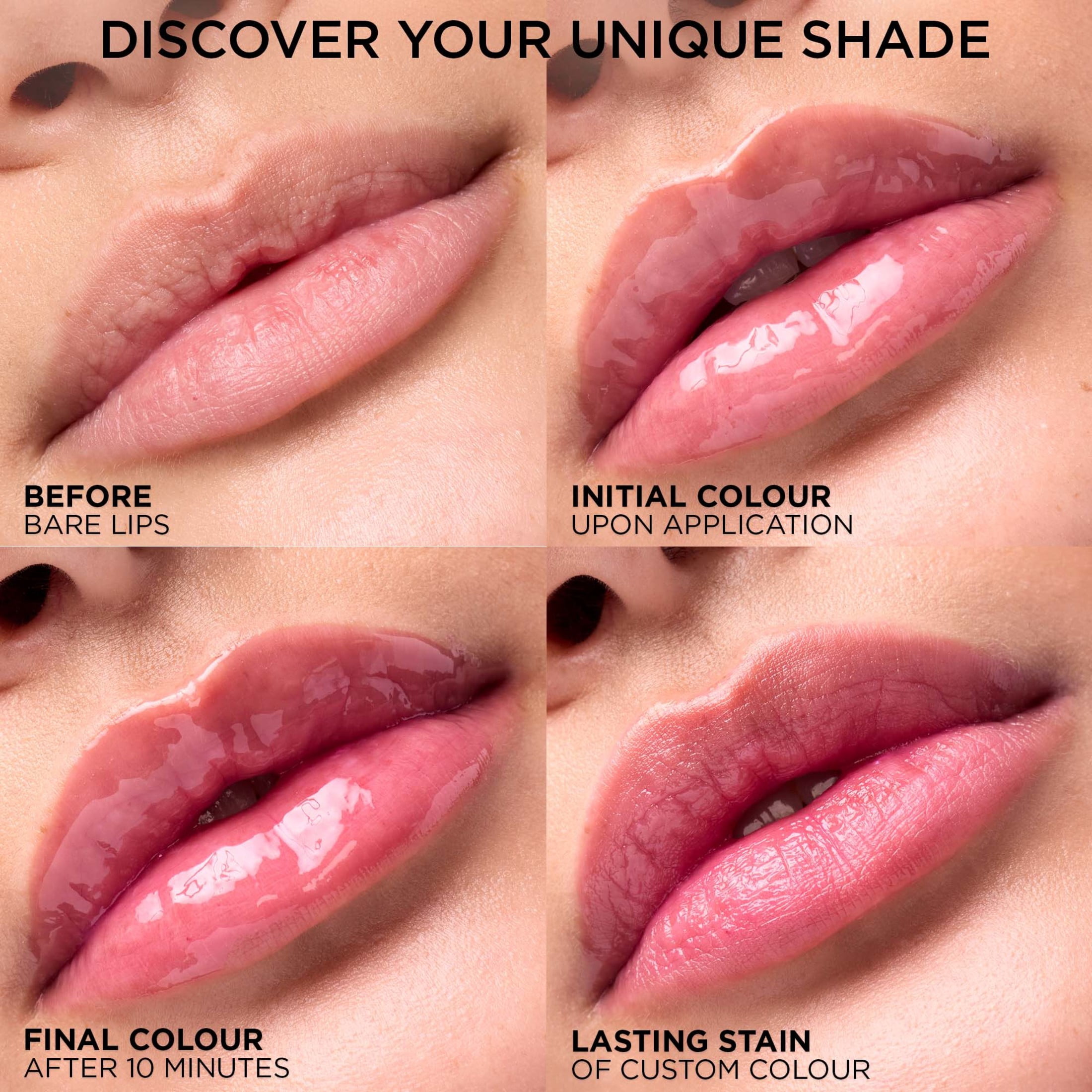 L’Oréal Paris Huile à Lèvres Teintée Plump Ambition, Brillant à lèvres repulpant, Léger picotement, Non collant, Hydratant, infusé d'acide hyaluronique, NUDE MACARON, 5 ml