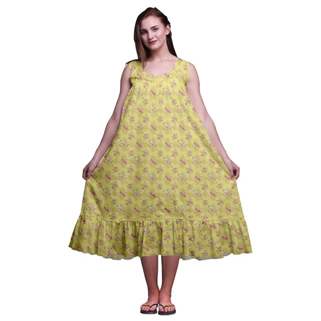 Bimba Robe de Nuit Sans Manches Jaune Moyen à Feuilles Florales et Fleurs pour Femmes P Coton Imprimé Vêtement de Nuit pour Dames Tenue de Sommeil X-Grand