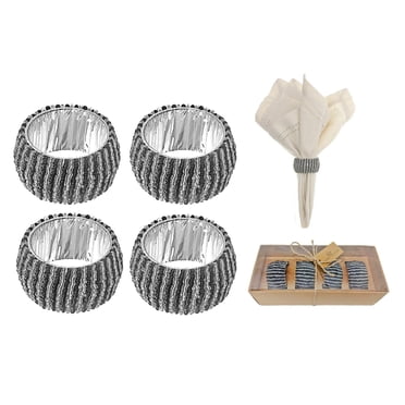 4PC Beaded Napkin Ring With Craft Box Black & Silver