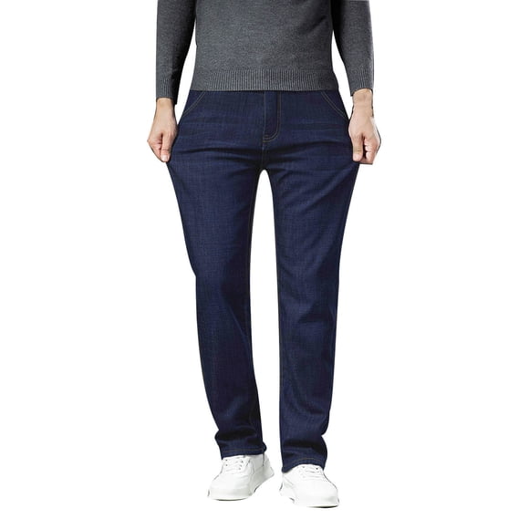 FYEGRE Baggy Bootcut Jeans Men's Winter Outdoor Fashionable Slim Fit Velvet Textured Denim Pants for Cold Weather Comfort and Style Blue 36