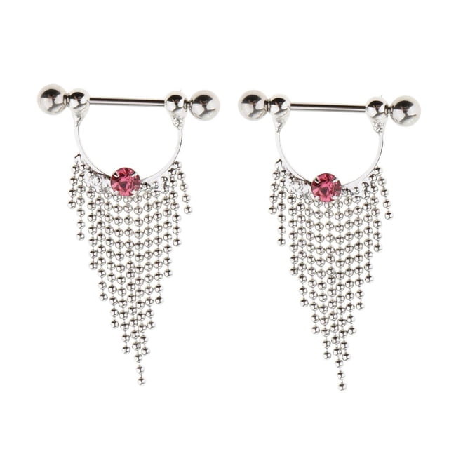 Yinanstore 2pcs Stainless Steel Tassel Beaded with Single Rhinestone Nipple Barbell 16g - Pink Crystal