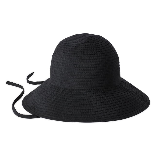 Time and Tru Women's Ribbon Hat black bucket hat with a rounded crown and wide brim made of textured polyester, featuring ribbon ties to secure under the chin, ideal for sun protection and often used as a stylish accessory for outdoor activities.