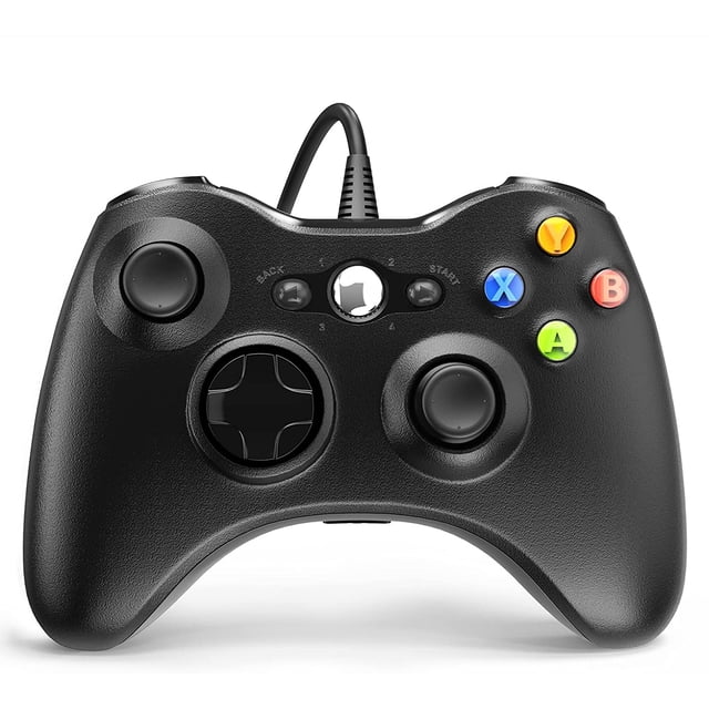 Wired Controller for Xbox 360 by Timoom, featuring a black ergonomic design with dual-vibration feedback, pressure-point triggers, and an 8-way directional pad. Compatible with Xbox 360, Xbox 360 Slim, and PC Windows 7, 8, 10, and 11. Includes a 7.2-foot USB cable for extended reach and easy plug-and-play functionality.