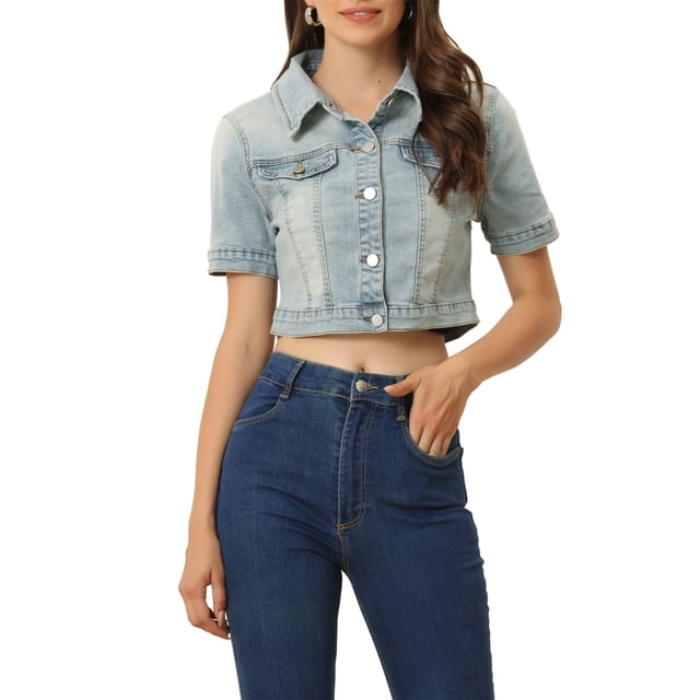 INSPIRE CHIC Women's Cropped Denim Jacket Short Sleeve Button Front Jean Jacket Grey Blue M