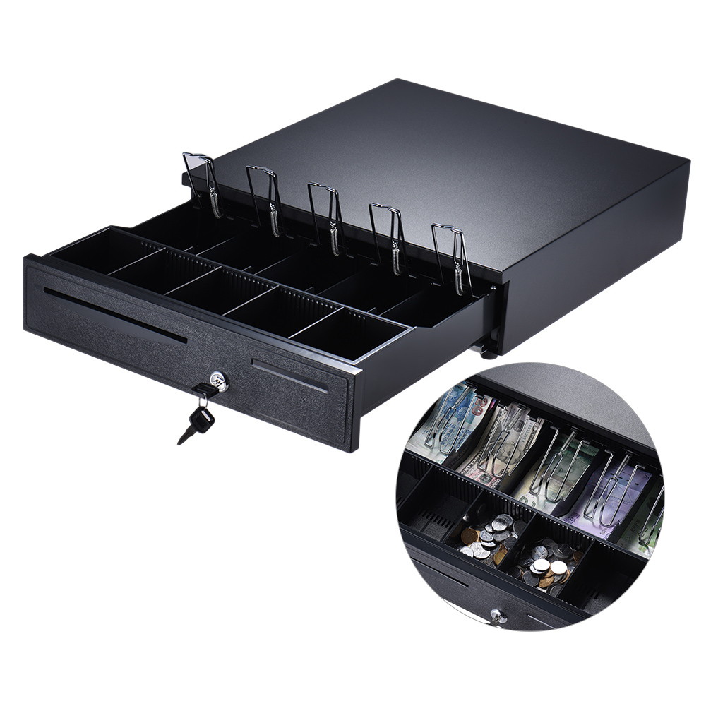 Boîte Tiroir-Caisse Électronique Robuste Rangement 5 Billets 5 Plateaux à Pièces Prise en Charge de l'Entrée de Chèques Ouverture Automatique Manuelle Verrouillage par Clé RJ11 pour Imprimante Epson Star POS Caisse Enregistreuse - Plateau à Pièces Réglable Mobile