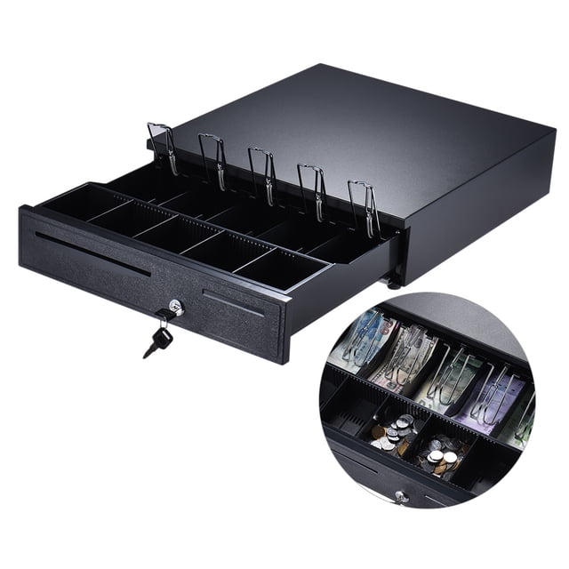 Boîte Tiroir-Caisse Électronique Robuste Rangement 5 Billets 5 Plateaux à Pièces Prise en Charge de l'Entrée de Chèques Ouverture Automatique Manuelle Verrouillage par Clé RJ11 pour Imprimante Epson Star POS Caisse Enregistreuse - Plateau à Pièces Réglable Mobile
