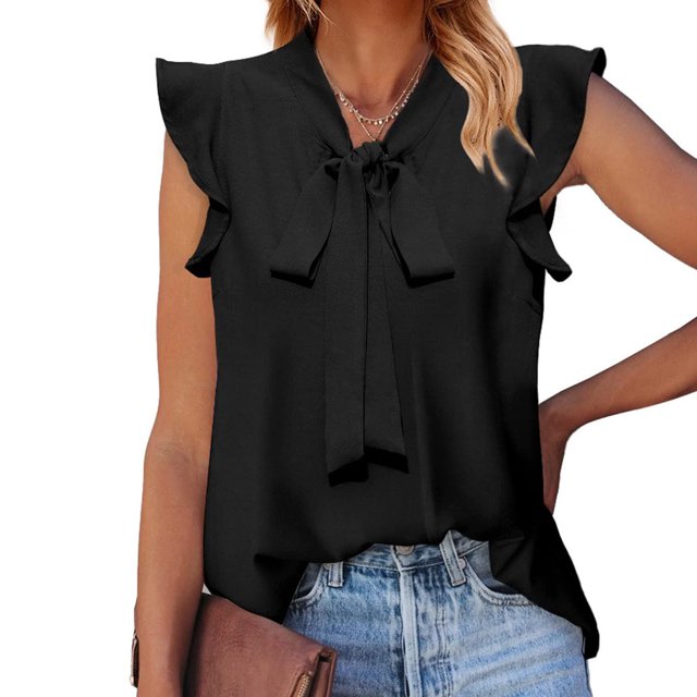 EGNMCR Camisoles pour Femmes Chemisiers à Col Noué pour Femmes Été Décontracté à Volants Sans Manches