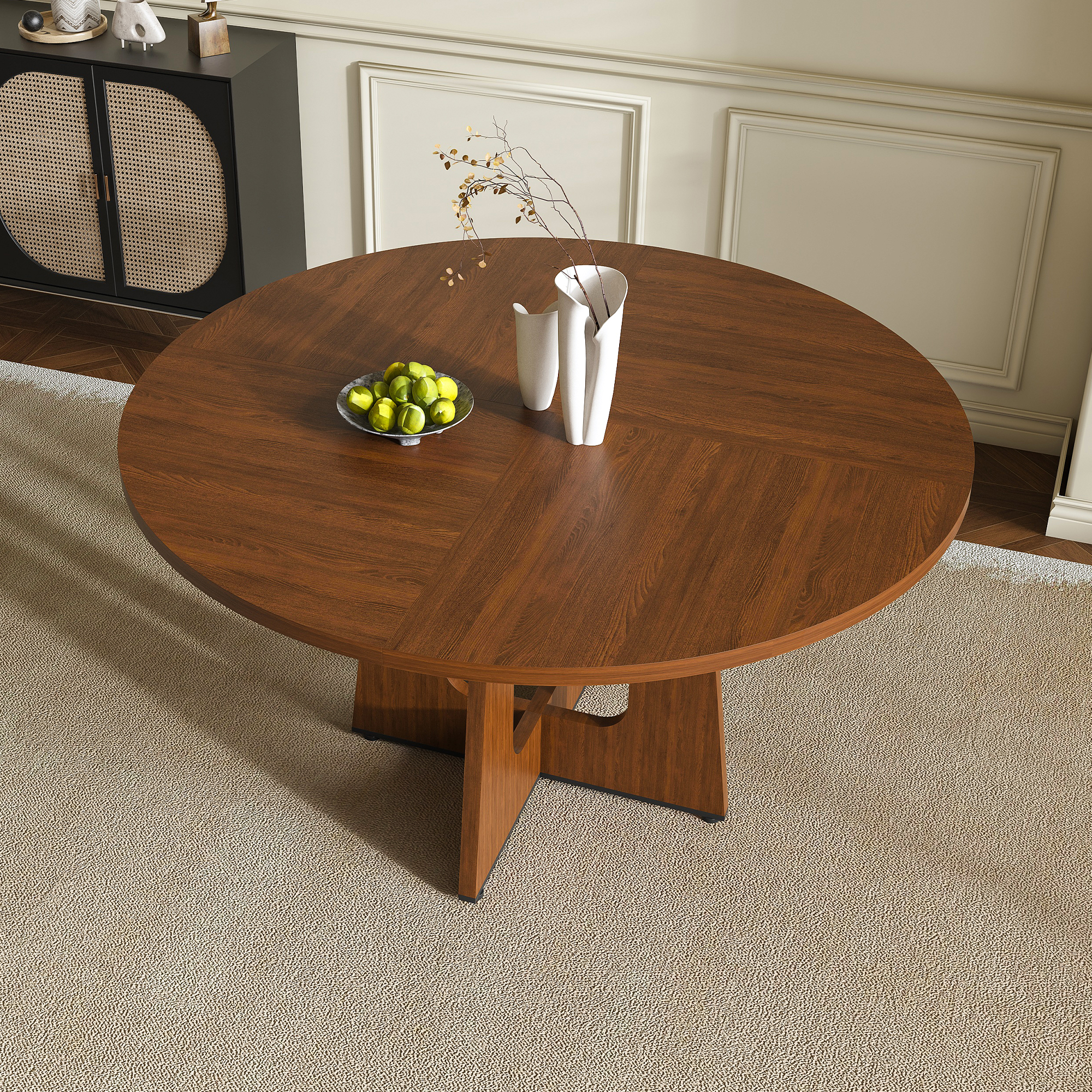 Noble House 47" Round Dining Table for 4,Farmhouse MDF Circle Table with Wood Grain Finish,Walnut