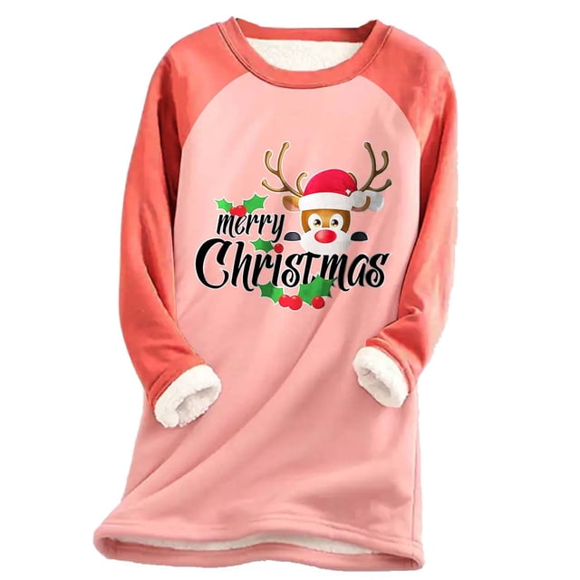 Tenues pour Femmes Col Rond Imprimé de Noël Léopard Patchwork Velours Chaud Manches Longues Hauts Tenue de Plage en Liquidation