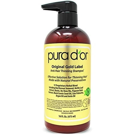 PURA DOR Original Gold Label Anti-Thinning Biotin Shampoo (16oz) w/ Argan Oil, Nettle Extract, Saw Palmetto, Red Seaweed, 17+ DHT Herbal Actives, No Sulfates, Natural Preservatives, For Men & Women