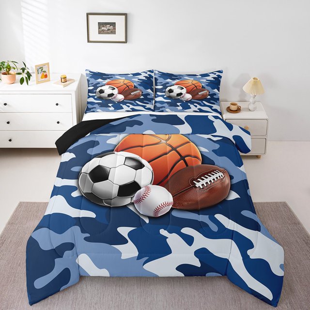 Erosebridal Ensemble de Literie de Basketball Football Grand, Couette Camouflage Bleu, Réversible