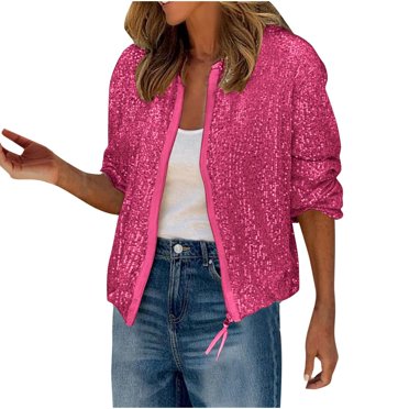 aohooy Sparkly Jackets for Women Sequin Glitter Fancy Bomber Jacket Lightweight Zipper Long Sleeve Crop Festive Party Clubwear 2025 Red,XXL