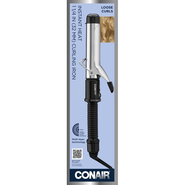 Conair 1-1/4" Instant Heat Ceramic Curling Iron with silver multi-layer steel barrel and black ribbed handle, featuring 25 temperature settings for all hair types, designed to create loose curls, shown with a close-up of blonde loose curls on a light blue background.