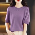 thumbnail image 1 of AherBiu Hauts d'Été pour Femmes Col Rond Manches Mi-Longues Chemises Unies Décontractées Coupe Ample T-Shirts Basiques Blouses, 1 of 4