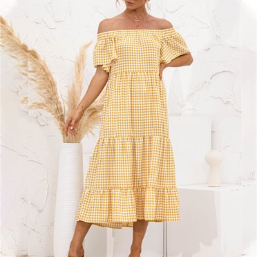 Drppepioner Robe T-Shirt Décontractée pour Femme Été à Manches Courtes Robes Évasées avec Poches Femme Aguichant Épaule Col Manches Courtes Imprimé à Carreaux Robe Fluide Jaune
