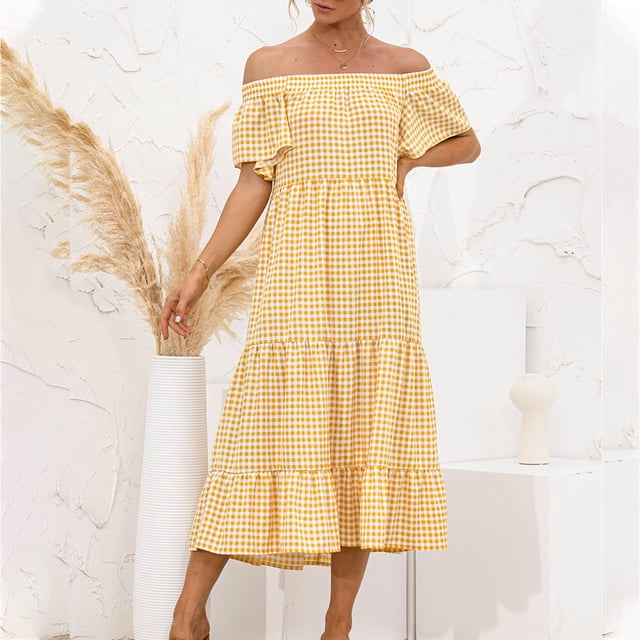 CEHVOM Robe Fluide pour Femmes à Épaules, Col, Manches Courtes, Imprimé à Carreaux
