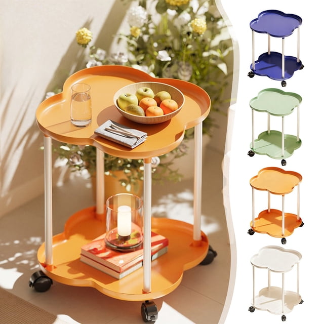 Table d'Appoint Portable à Roulettes avec Tablette de Rangement - Chariot Mobile pour Chambre, Salon Ou Bureau