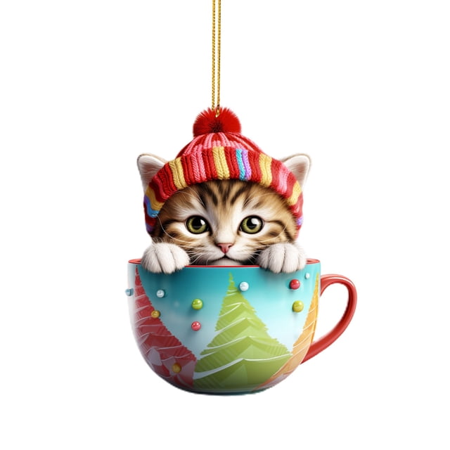 Tasse Mignonne Chat avec Foulard Décorative Suspendue en Acrylique pour Noël Intérieur