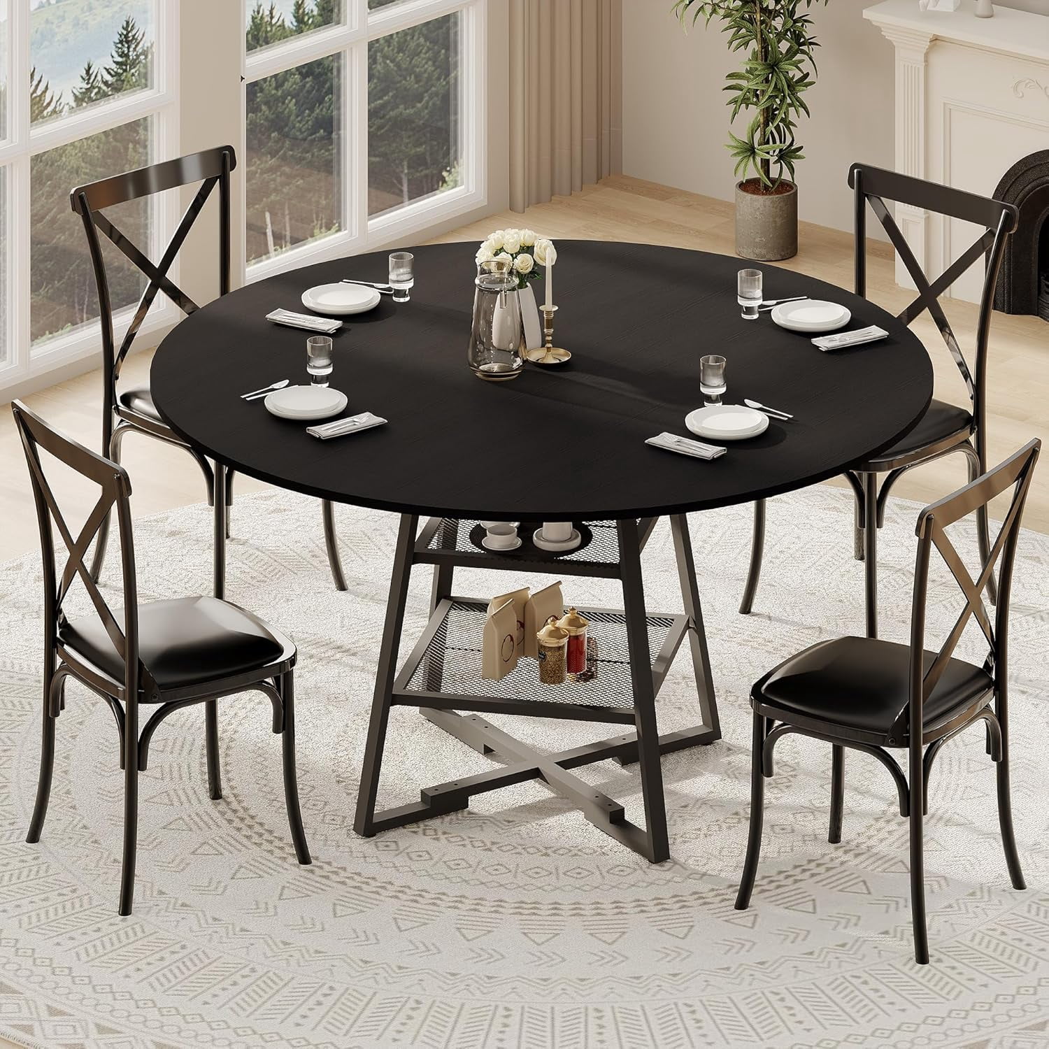 Dining Room Round Table Set for 4-6, Circle Kitchen Dining Table with Metal Base, 42 Inch Wooden Round DiningTable, Wood Kitchen Tables with Storage Shelf