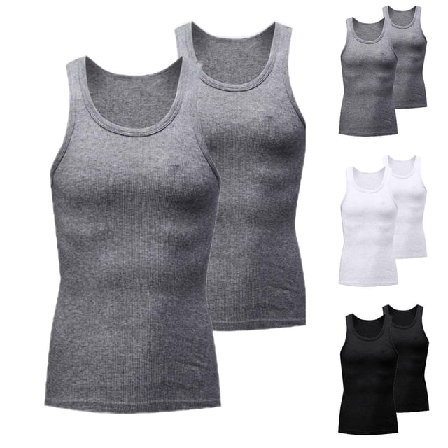 TIMIFIS Mens Tank Top Casual Basic Workout Sleeveless Undershirt Summer Solid Color Crew Neck Athletic Muscle A-Shirt, 2 Pack