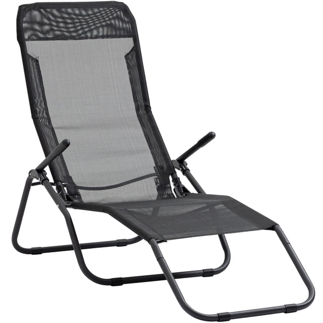 Outsunny Foldable Patio Lounge Chair, Outdoor Beach Lounger with Breathable Mesh Fabric, Zero Gravity Chair with Reclining, Footrests, and Armrests, for Garden, Pool, Black