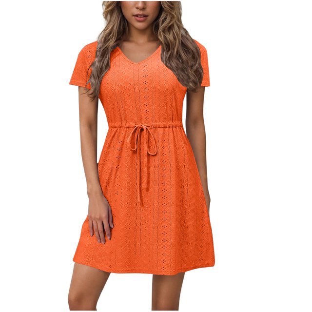 Dvprdro Robe d'Été Décontractée Unie à Manches Courtes pour Femme, Mode Élégante, Col en V, à Nouer, Robe Courte de Plage et Soleil