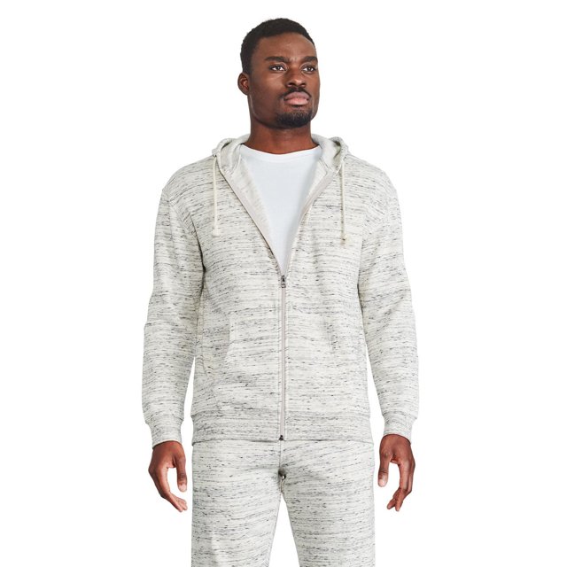 George Men's Full-Zip Hoodie in grey fleece knit with marled texture, featuring a hood with drawstring, long sleeves, full-zip closure, and kangaroo pockets, worn over a white tee, ideal for layering on cool days.