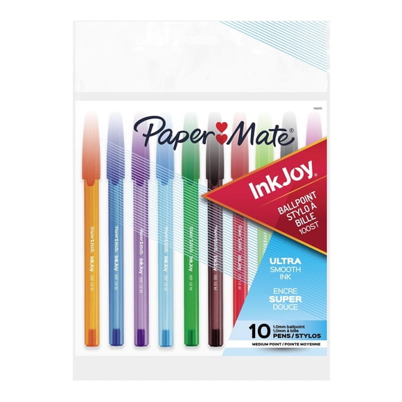 Stylos à bille Paper Mate InkJoy 100ST, pointe moyenne (1,0 mm), assortis, 10 unités