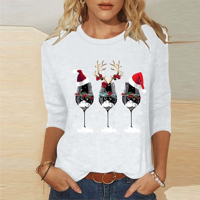 Amzcrzy Hauts pour Femmes T-Shirts Graphiques de Noël pour Femmes Mode Xmas Col Rond Manches 3/4 Hauts pour Femmes Décontractés Confortables Hauts d'Automne pour Femmes