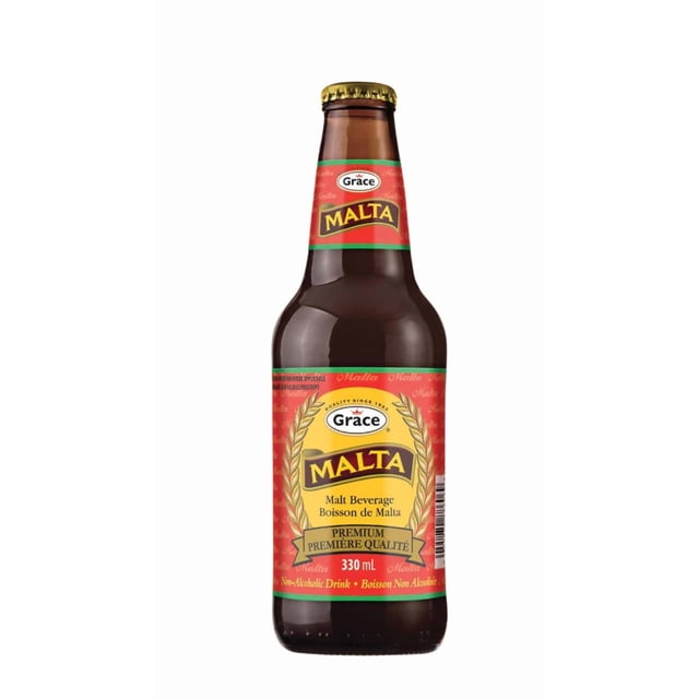 Grace Malta Malt Beverage, 330ml Bottle labeled bottle front-facing; non-alcoholic fizzy malt drink brewed from barley and hops with a smooth, slightly sweet malt flavor, Caribbean-inspired refreshment ideal chilled or over ice, often used as a mixer for mocktails.